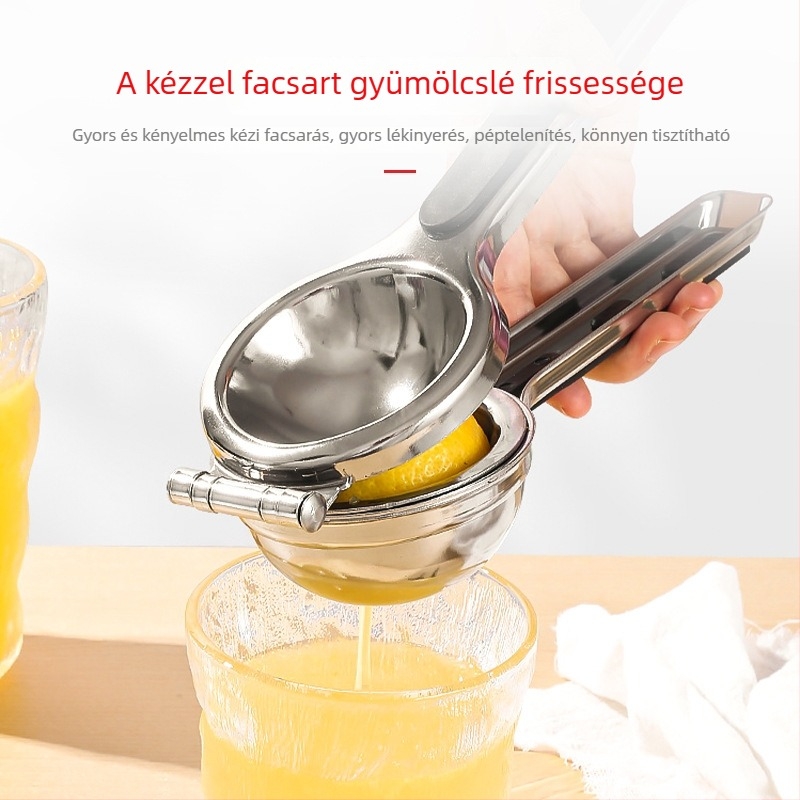 Rozsdamentes acél citrusprés, kézi nyomású, kompakt konyhai eszköz citromhoz és narancshoz.