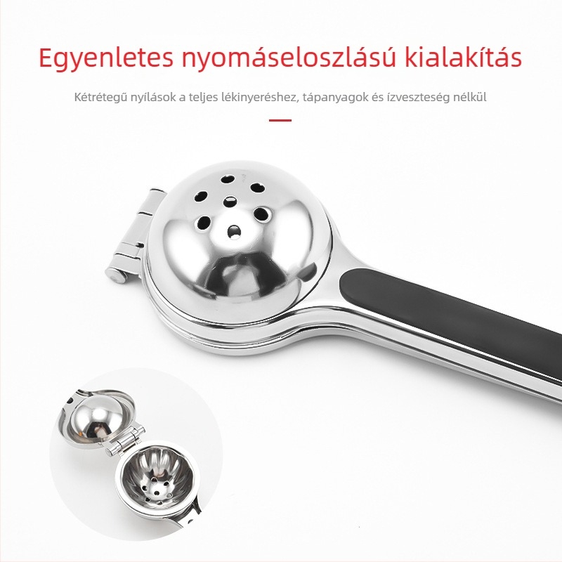 Rozsdamentes acél citrusprés, kézi nyomású, kompakt konyhai eszköz citromhoz és narancshoz.