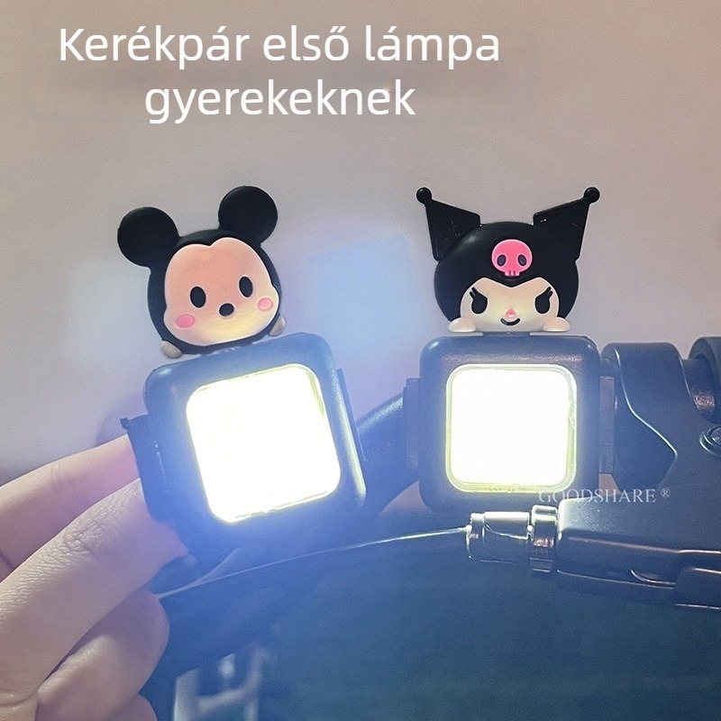 Gyerek bicikli első fénye éjszakai tekeréshez, újratölthető, aranyos Kuromi karikatúra dizájnnal