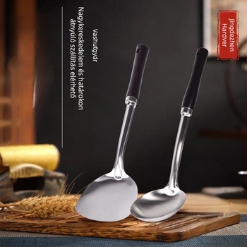 Rozsdamentes acélből készült konyhai spatula készlet fa nyéllel — égésvédő, lyukas kanál, serpenyő-spatula és főzőkanál