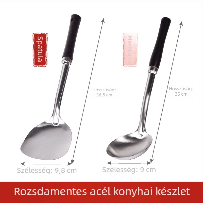 Rozsdamentes acélből készült konyhai spatula készlet fa nyéllel — égésvédő, lyukas kanál, serpenyő-spatula és főzőkanál