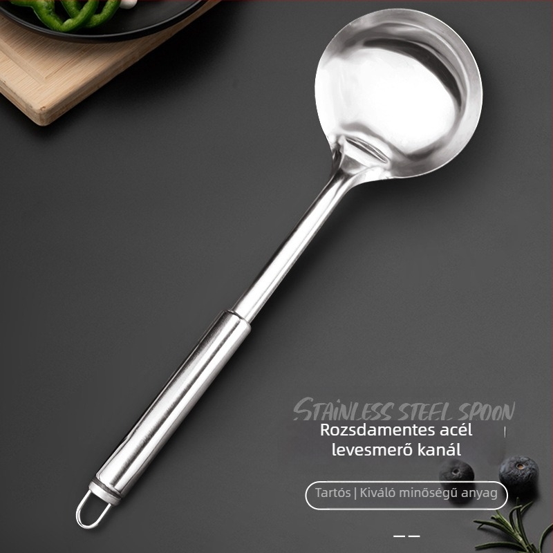 Rozsdamentes acél konyhai eszközök készlet: spatula, merőkanál és lyukas kanál