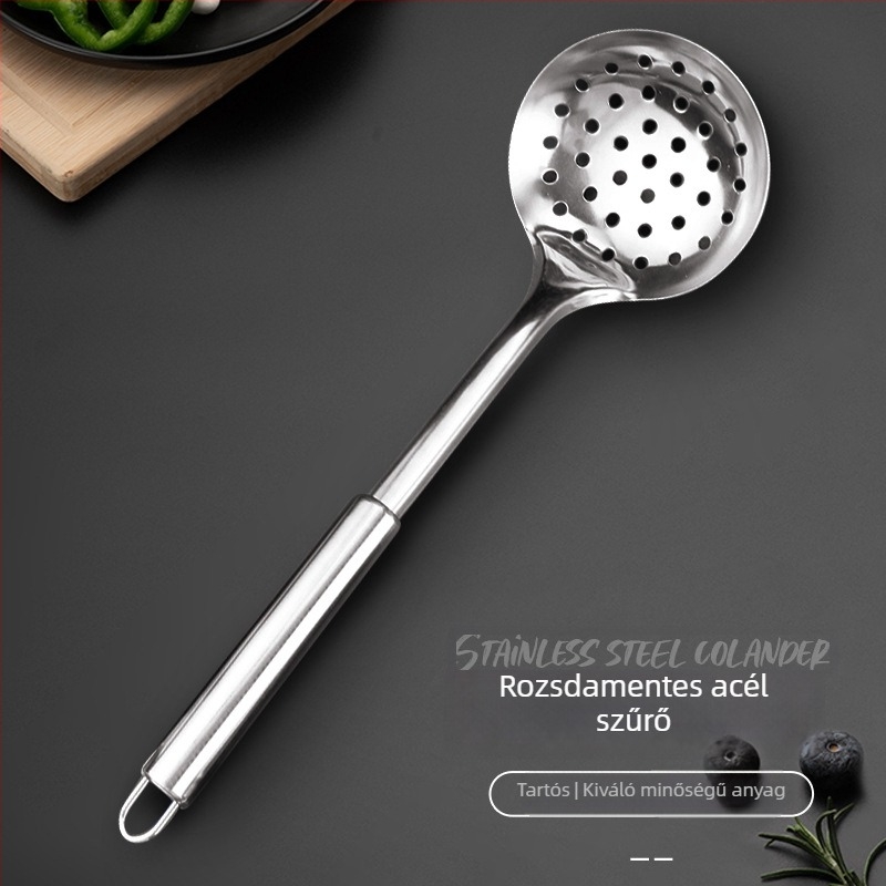 Rozsdamentes acél konyhai eszközök készlet: spatula, merőkanál és lyukas kanál