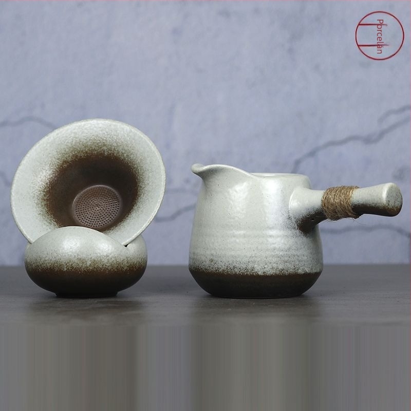 Nagy rusztikus kerámia oldalfogantyúval, teafilter készlettel, japán stílusú Gongfu kerámiateáskészlet.