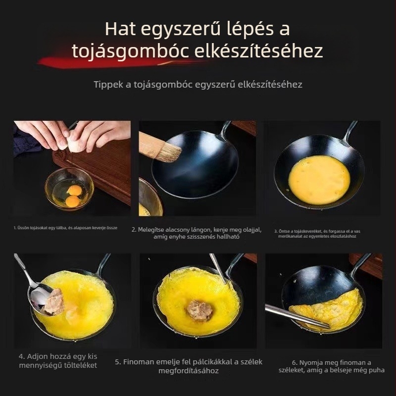 Kézzel kovácsolt vasból készült hosszú nyelű serpenyőkanál, konyhai eszköz tojásos gombócok készítéséhez