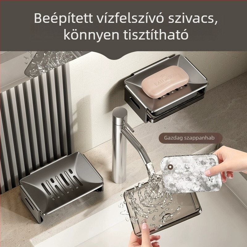 Falsíkra szerelhető Space Aluminum szappantartó lefolyóval a fürdőszobába, méretek 12.5 × 8.5 × 4 cm