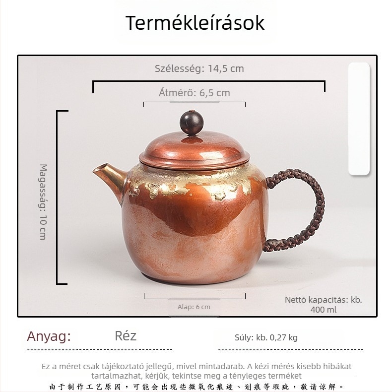 Fedél nélküli vörös réz vízforraló teáskanna Kung-Fu tea készlethez, retro japán stílusban, otthoni és kültéri használatra