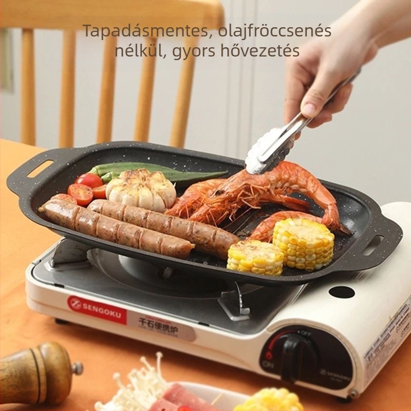 Maifan kő téglalap alakú grillplatt halakhoz és BBQ‑hoz, szénacél serpenyő, indukciós főzőfelület kompatibilis