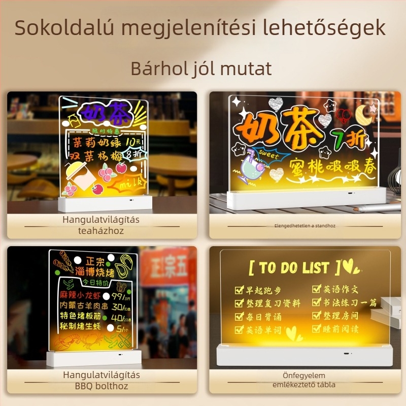 Törölhető fluoreszcens asztali tábla világító jelzéssel, átlátszó akrilból, kis árjelző tábla standhoz