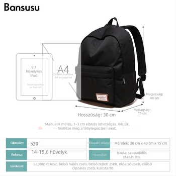 Egyszínű, trendi iskolatáska, uniszex, 15 hüvelykes laptophoz, főiskolai stílus