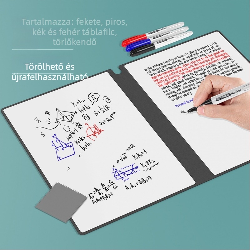 Törölhető fehér táblás jegyzetfüzet, A5/A4, kétoldalas, PU bőrrel, diákoknak és irodának