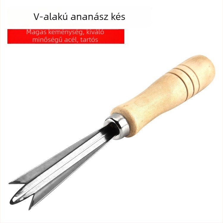 V-formájú ananászkoroló rozsdamentes acélból, fa nyéllel, szemkivágó és hámozó.