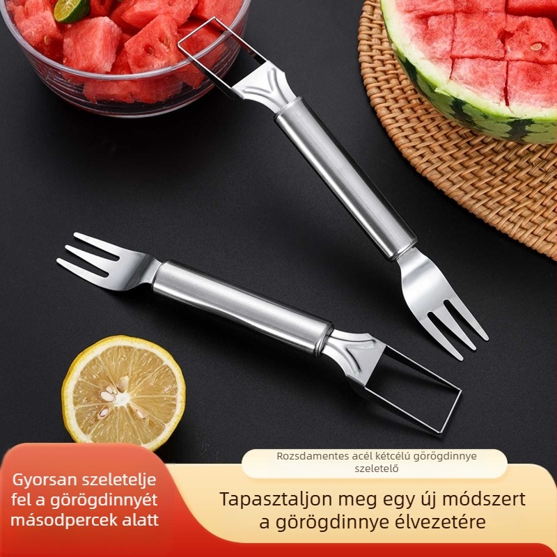 Rozsdamentes acél dinnyeszelető és gyümölcsdivizáló, kétfejű gyümölcsvilla
