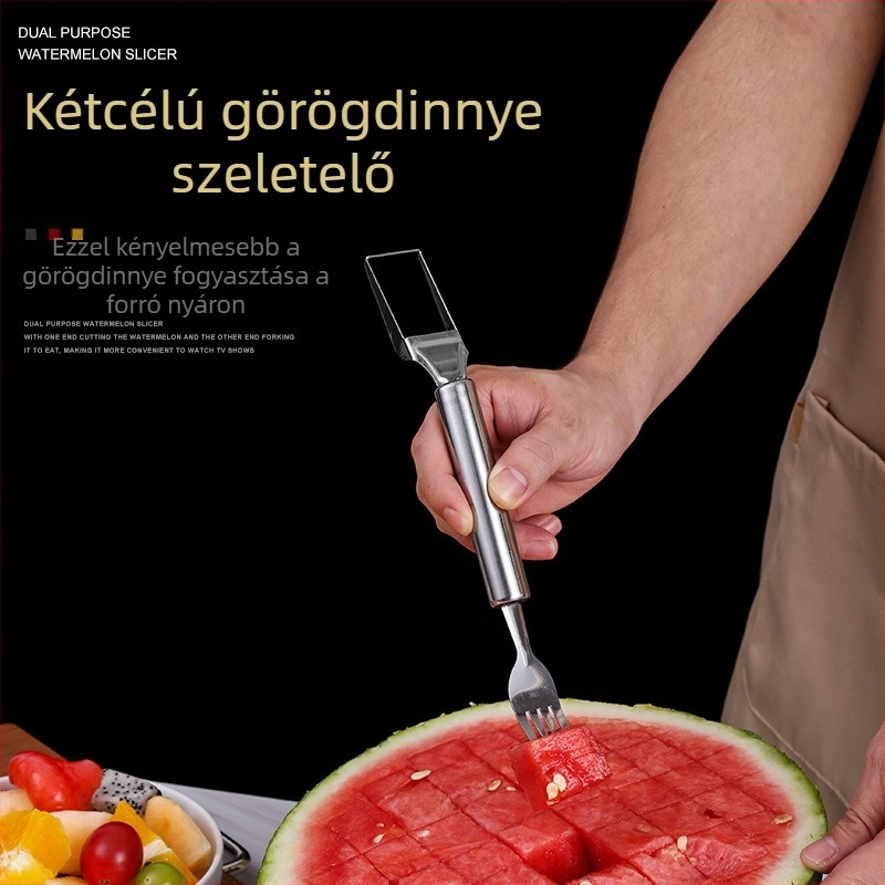 Rozsdamentes acél dinnye vágó eszköz – darabolás és kockára vágás, villa és kanál dinnyéhez