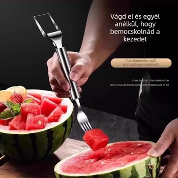 Rozsdamentes acélból készült kettős fejű dinnyevágó villa, gyümölcs villa, többfunkciós dinnyepépvágó eszköz, gyümölcs szeparátor