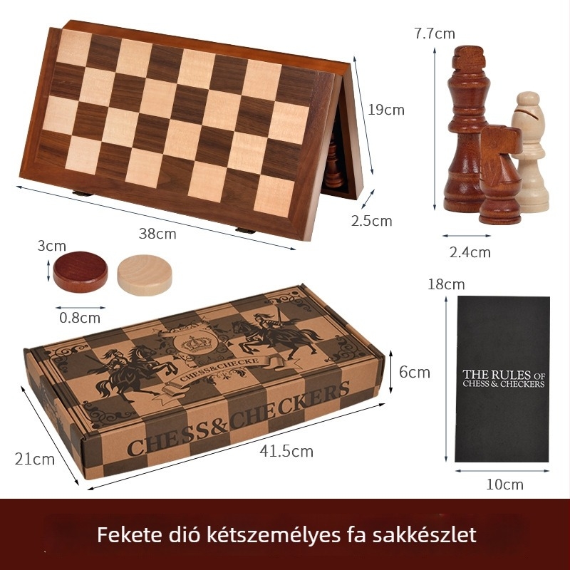 Összecsukható tömörfa mágneses sakkkészlet lekerekített sarkokkal, 2 az 1-ben