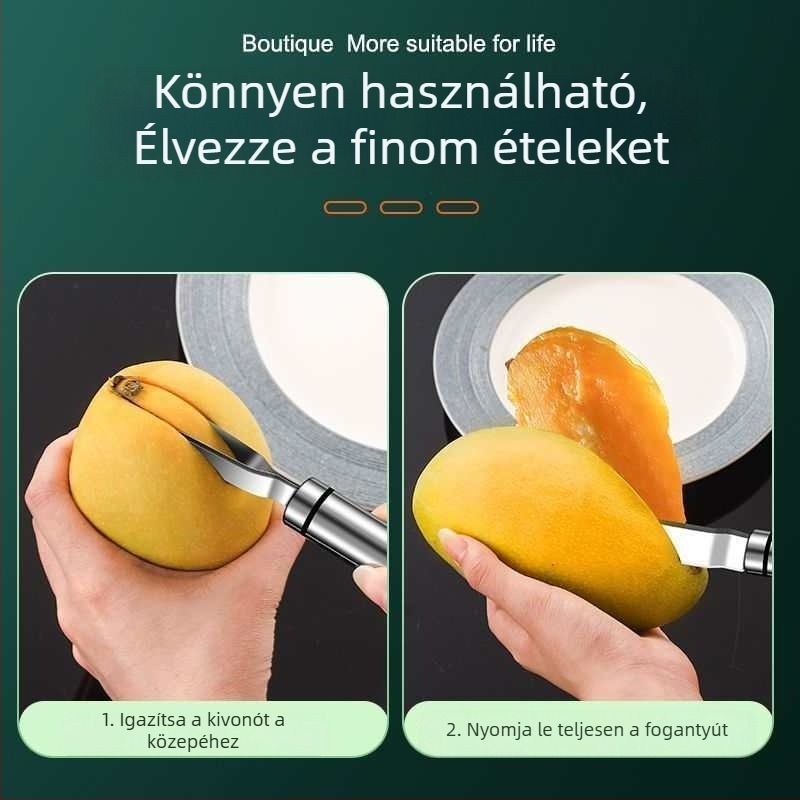 Mangócore eltávolító és gyümölcskanál, többfunkciós szeletelő és hámozó, dekoratív rozsdamentes acél kés