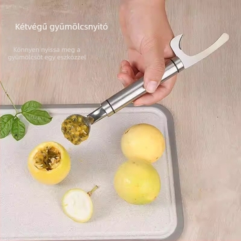 Rozsdamentes acélból készült kettős fejű nyitó, 2 az 1-ben passion fruit és mangosteen számára, kanállal, háztartási konyhai eszköz
