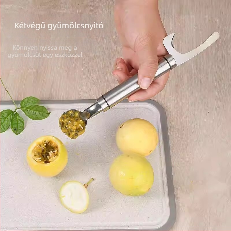 Rozsdamentes acélból készült kettős fejű nyitó, 2 az 1-ben passion fruit és mangosteen számára, kanállal, háztartási konyhai eszköz