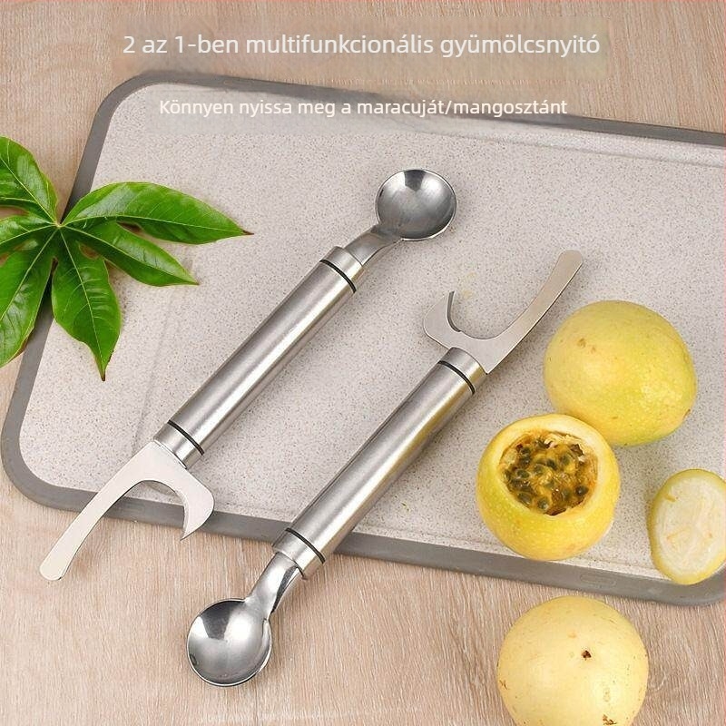 Rozsdamentes acélból készült kettős fejű nyitó, 2 az 1-ben passion fruit és mangosteen számára, kanállal, háztartási konyhai eszköz