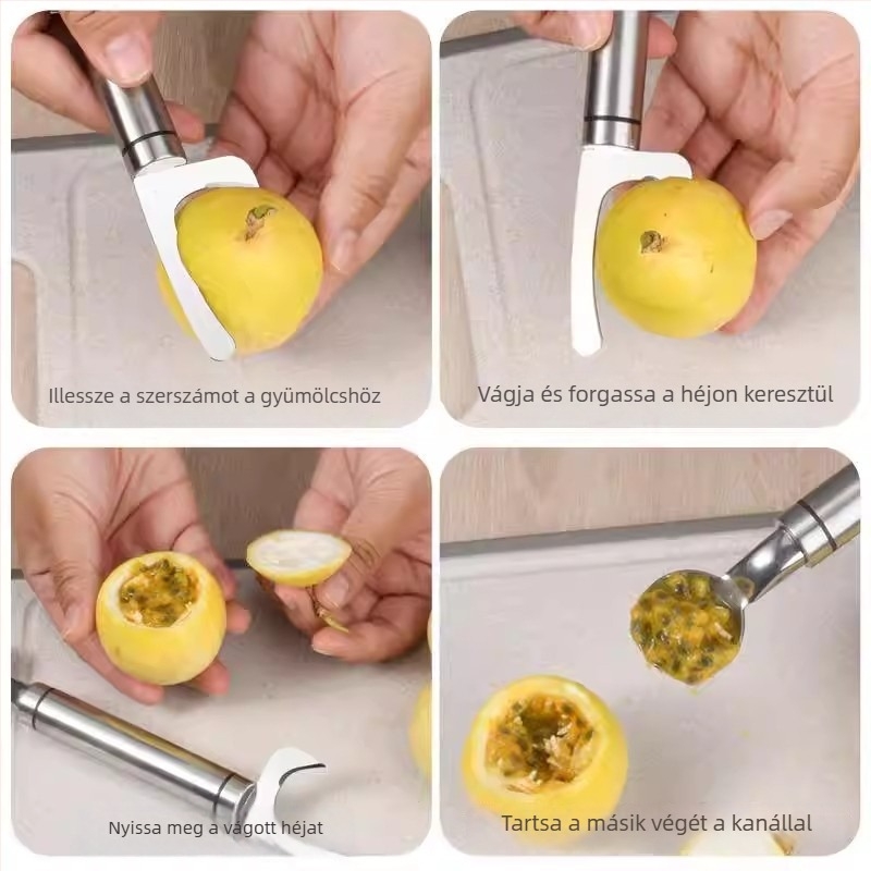Rozsdamentes acélból készült kettős fejű nyitó, 2 az 1-ben passion fruit és mangosteen számára, kanállal, háztartási konyhai eszköz