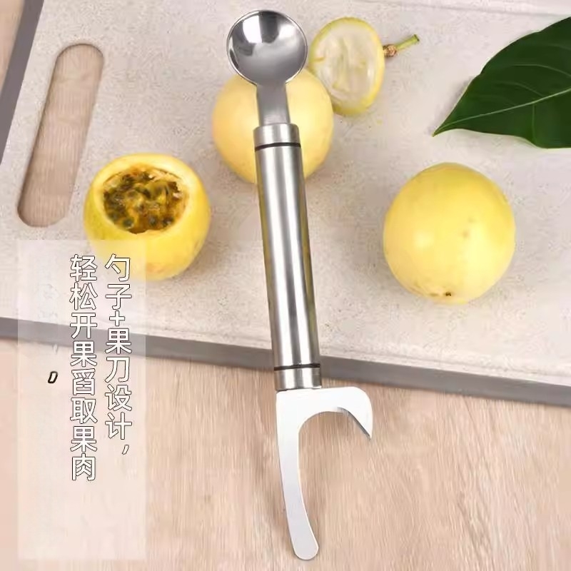 Rozsdamentes acélból készült kettős fejű nyitó, 2 az 1-ben passion fruit és mangosteen számára, kanállal, háztartási konyhai eszköz