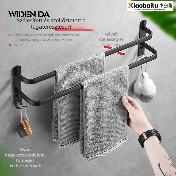 Kétrudas törölközőtartó, fúrás nélküli szerelés, űr-alumínium, modern minimalist dizájn