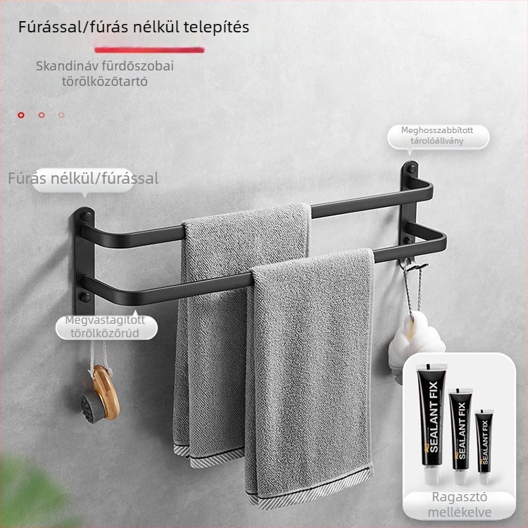 Kétrudas törölközőtartó, fúrás nélküli szerelés, űr-alumínium, modern minimalist dizájn