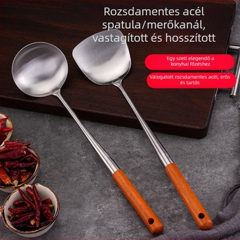 Rozsdamentes acél kanál és spatula készlet, fa nyéllel, égési védelem