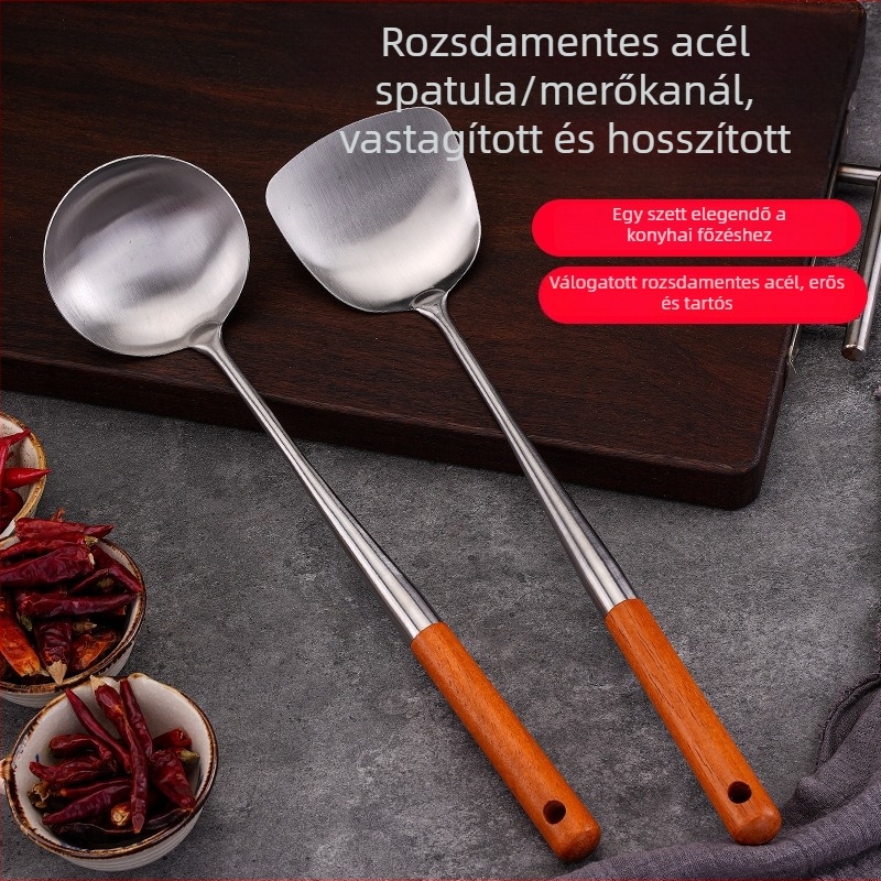 Rozsdamentes acél kanál és spatula készlet, fa nyéllel, égési védelem