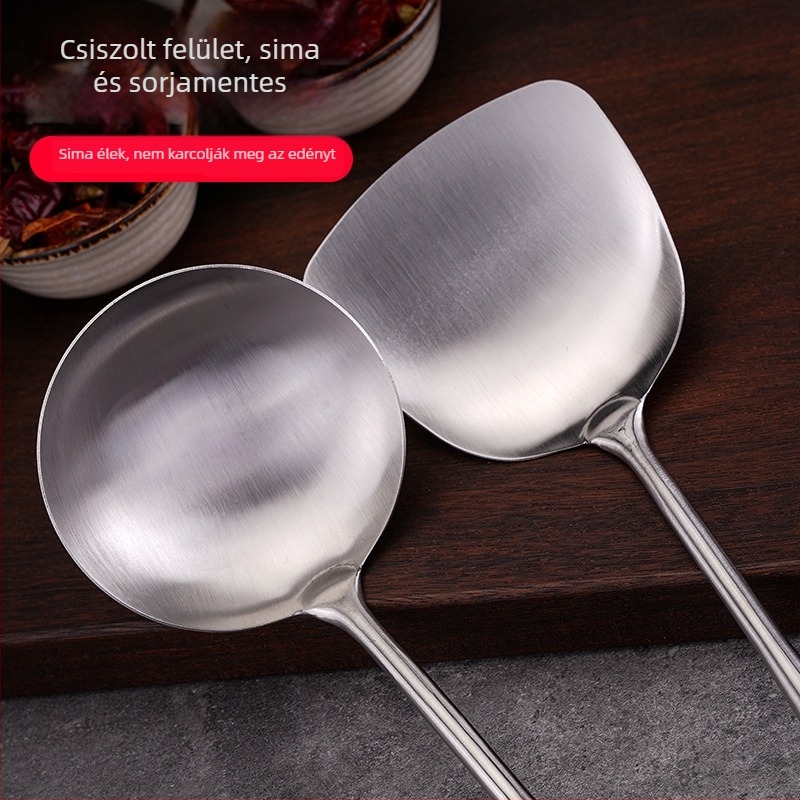Rozsdamentes acél kanál és spatula készlet, fa nyéllel, égési védelem