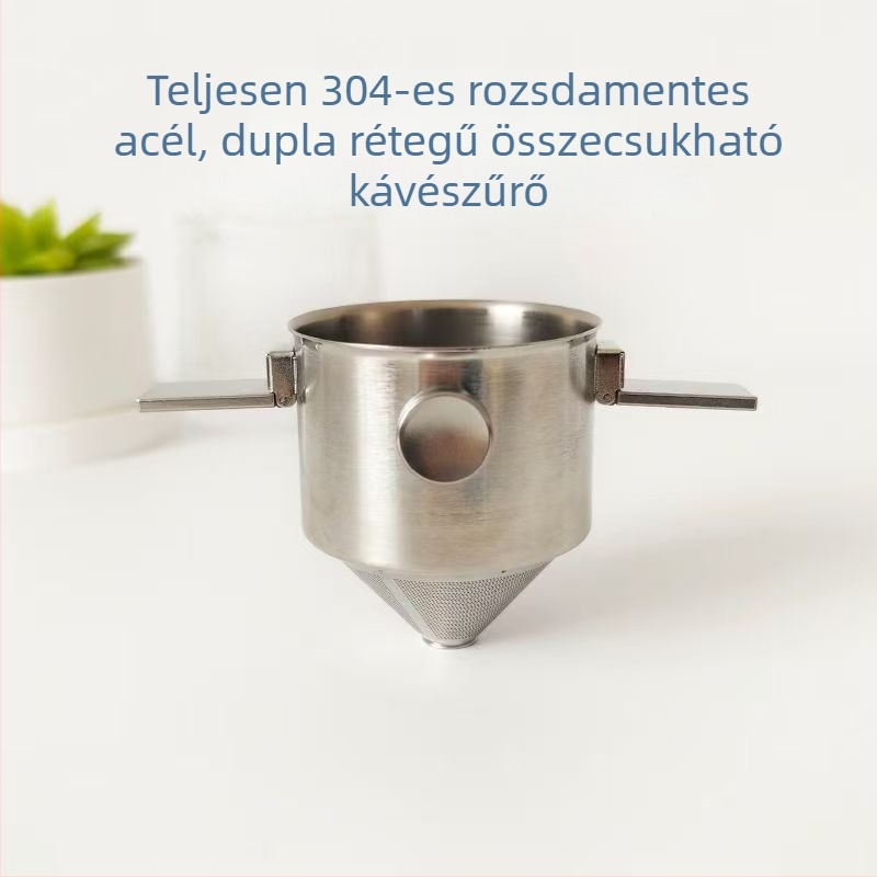 Összecsukható kétfülű kávéfilter nélküli csepegtetős csésze, 304 rozsdamentes acélból, hordozható kézi főzőeszköz