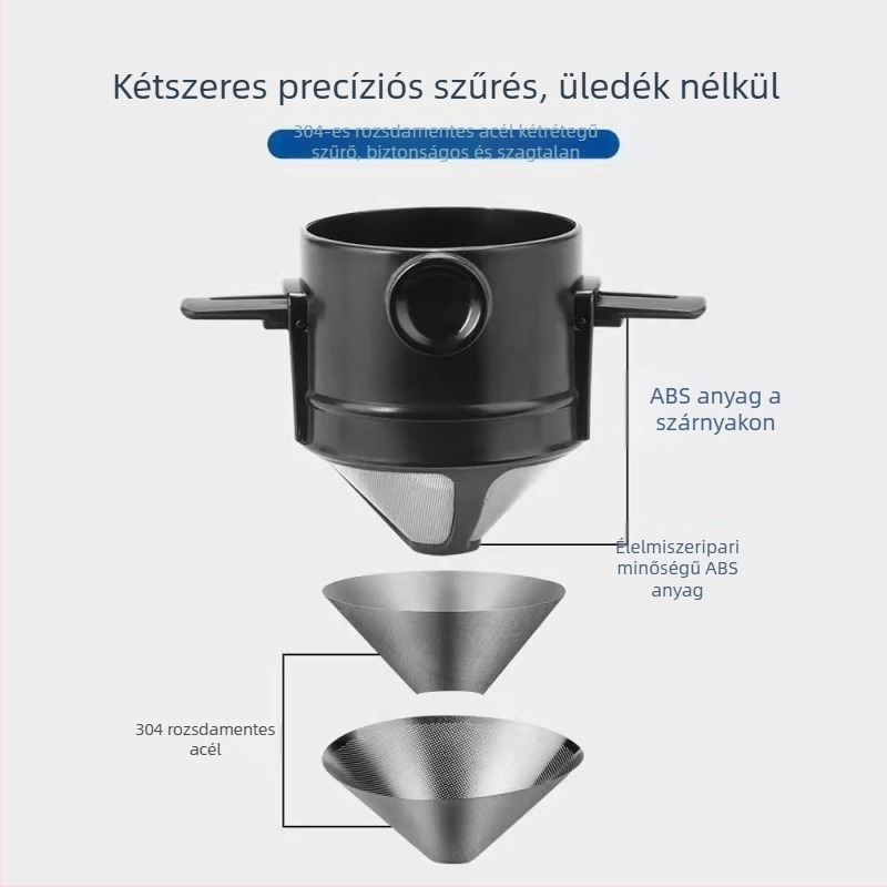 Rozsdamentes acél kávéfilter, újrahasználható, papírszűrő nélkül, hordozható, összecsukható kávéfőző szűrő füllel