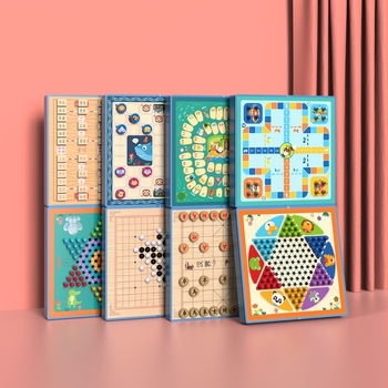 A fából készített minden-az-egyben stratégiai társasjáték: Checkers, Flying Chess, Gomoku és Beast Chess – oktató játék gyerekeknek