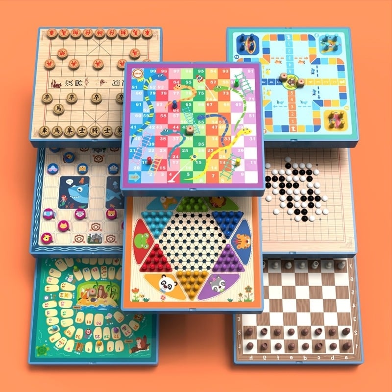 A fából készített minden-az-egyben stratégiai társasjáték: Checkers, Flying Chess, Gomoku és Beast Chess – oktató játék gyerekeknek