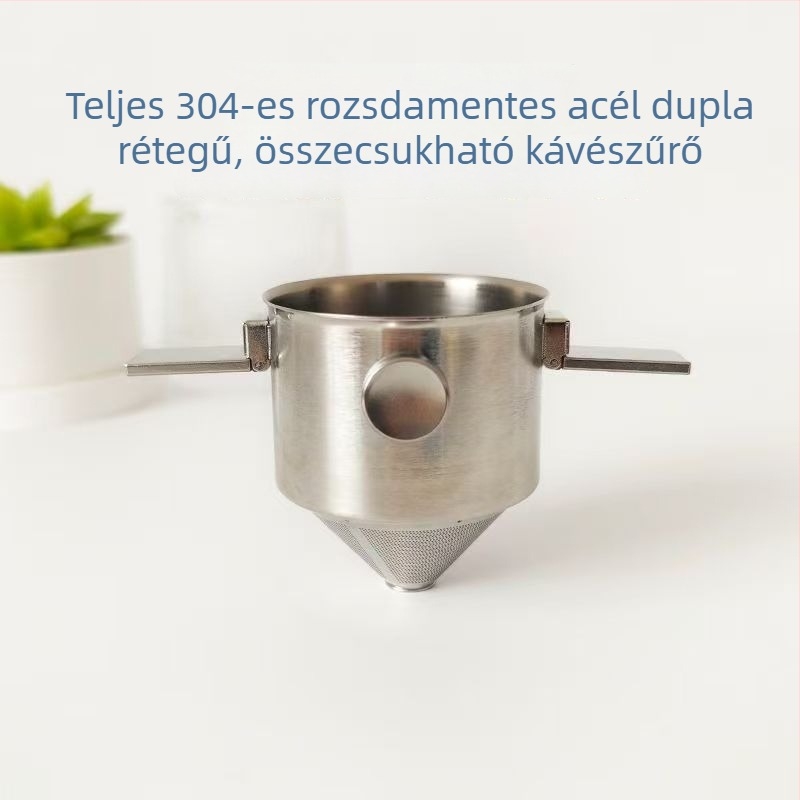 304 rozsdamentes acélból készült összecsukható kávéfiltrrel ellátott pohár dupla füllel, papírszűrő nélkül, hordozható csepegtetős készülék