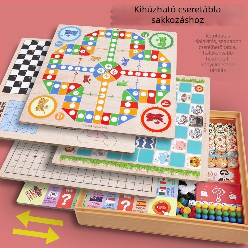 Gyerekeknek szóló multifunkcionális társasjáték: Flying Chess, Checkers, Gomoku és Animal Chess