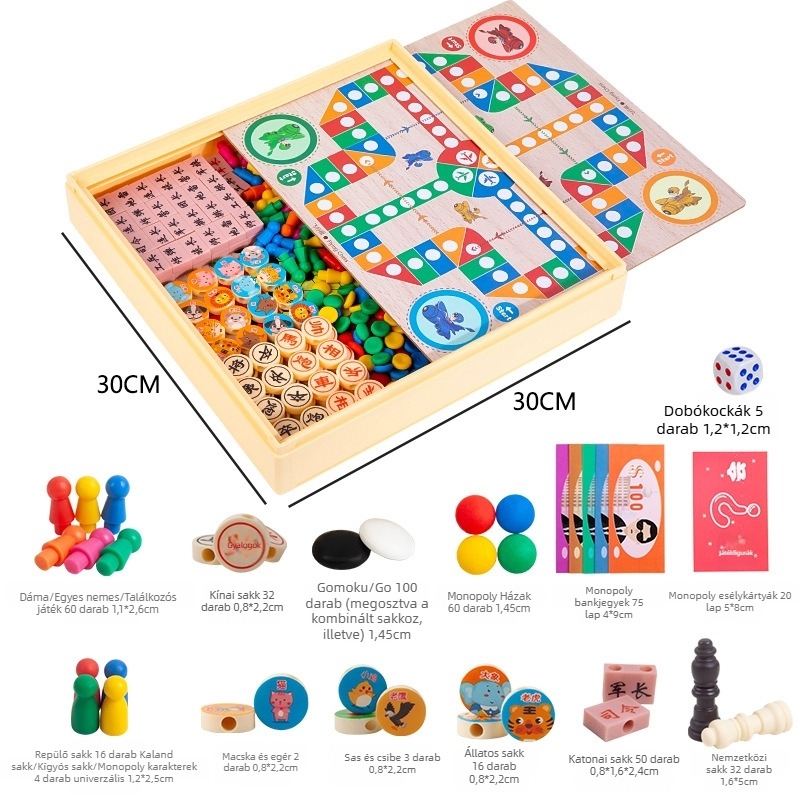 Gyerekeknek szóló multifunkcionális társasjáték: Flying Chess, Checkers, Gomoku és Animal Chess