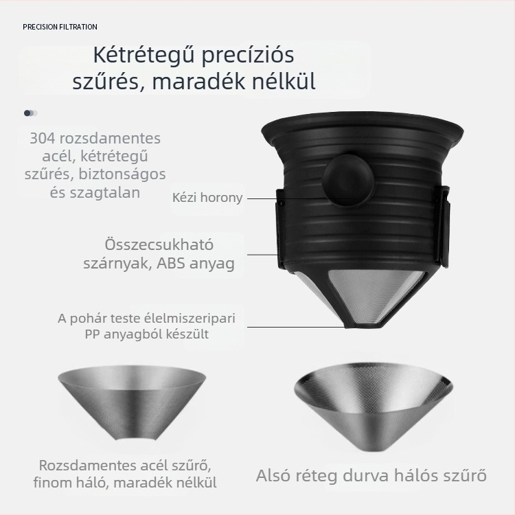 Nagy méretű, hordozható, összecsukható kávéfiltro rozsdamentes acélból, hálós szűrővel – papír nélküli főzéshez