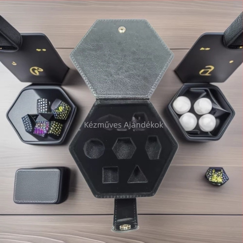 DnD asztali játékok kockadoboz, hexagonális bőr tároló kockáknak, hajtófedéllel, hordozható, kockák rázkódása elleni nyílásokkal