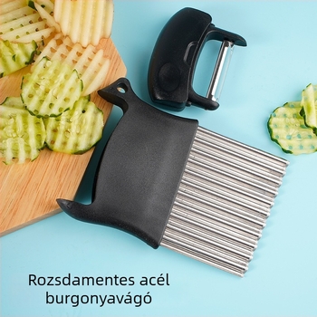 Rozsdamentes acélból készült 2 az 1-ben krumpliszeletelő hullámos éllel és farkasfog pengével, gyümölcs- és zöldséghasító, uborkaszeletelő és hámozó
