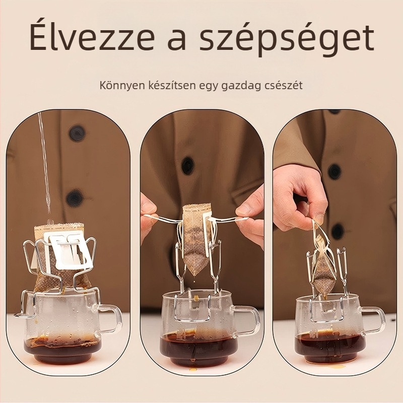 Rozsdamentes acélból készült kávéállvány fülbe illeszthető tartóval a filterpapírokhoz