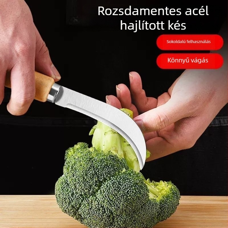 Rozsdamentes acél pengével és fa nyéllel készült ívelt penge – ananász hámozó, gyümölcs hámozó, többfunkciós banánvágó és póréhagyma vágó, készleten