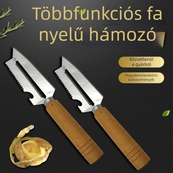Többfunkciós rozsdamentes acél gyümölcs- és zöldség-hámozó, fa nyéllel, ananász eszközzel