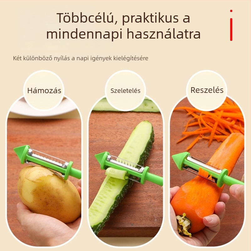 Hosszú fogantyújú három az egyben hámozó, többfunkciós műanyag kaparó, dinnyereszelő és gyümölcsreszelő, hámozókés
