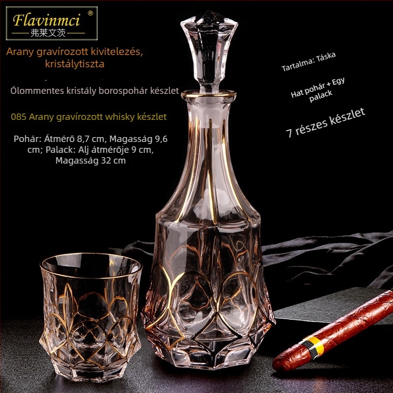 Európai stílusú kristályos boros pohár aranyozott díszítéssel, 6–10 darabos készlet bárhoz vagy otthoni használatra; brandy- és whisky poharak.