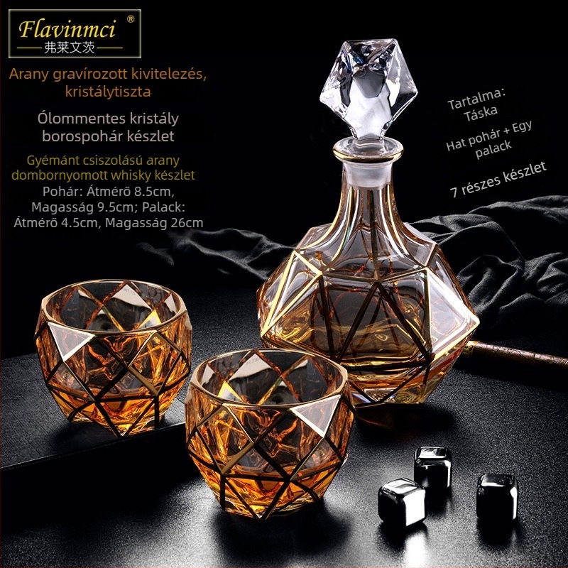 Európai stílusú kristályos boros pohár aranyozott díszítéssel, 6–10 darabos készlet bárhoz vagy otthoni használatra; brandy- és whisky poharak.