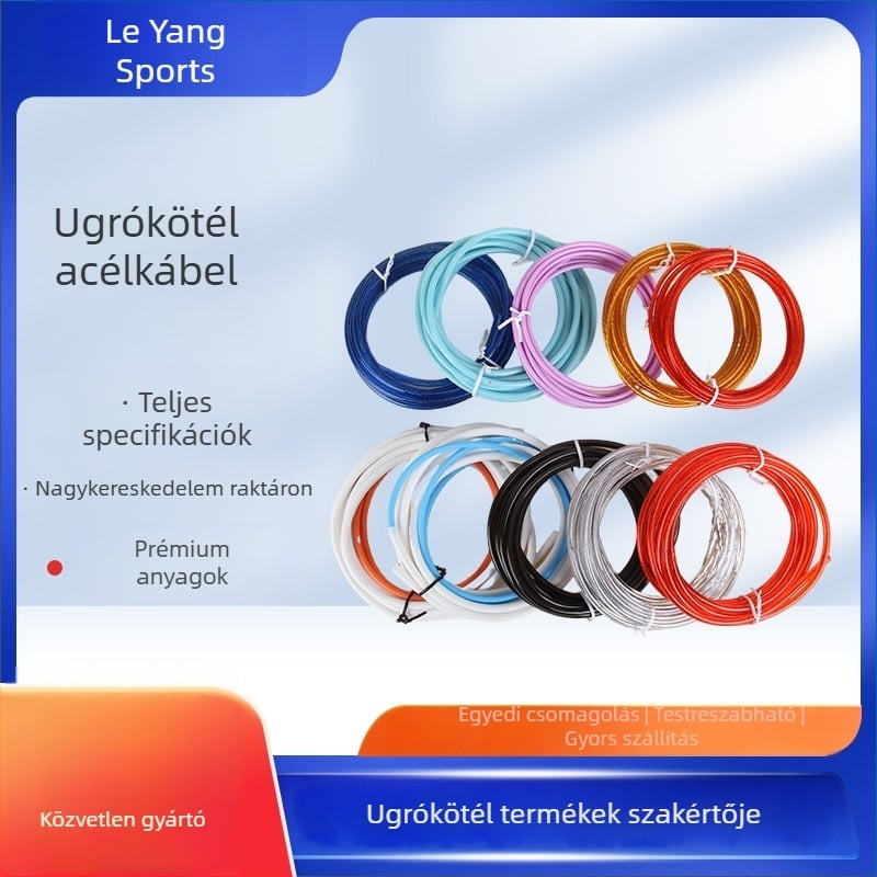 Ugrókötél acéldrótból, színes belső maggal és bevont acéldróttal, tartalék acéldrót, ugrókötél kiegészítők