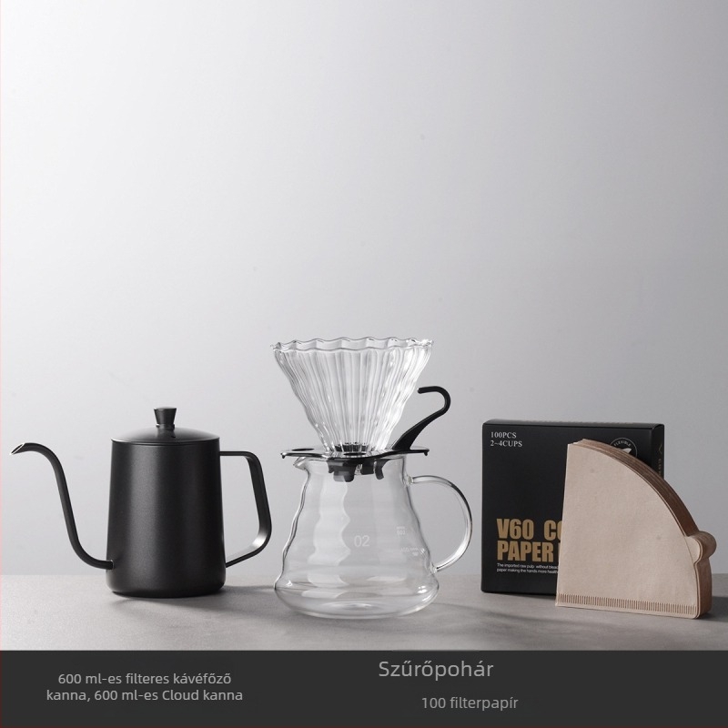 Hordozható pour-over kávés készlet: teáskanna, kávéőrlő és elektronikus mérleg ajándékdobozban