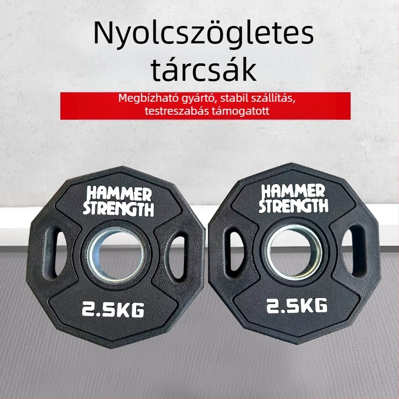 5 kg gumírozott csúszásmentes tízszögletű súlykorong, fekete, 3 lyukas, kopásálló otthoni edzéshez